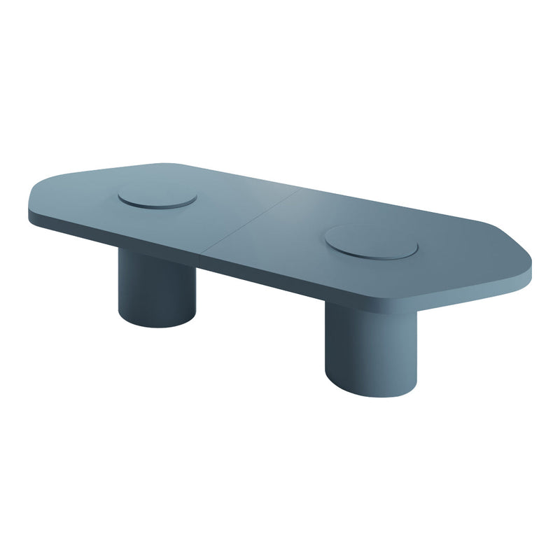Modern blue coffee table with a sleek, minimalist design and rounded edges, featuring a smooth matte finish.