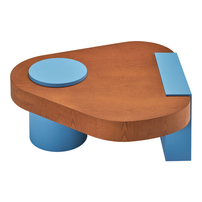 Modern coffee table featuring a rich brown wood surface with blue geometric accents and shapes.
