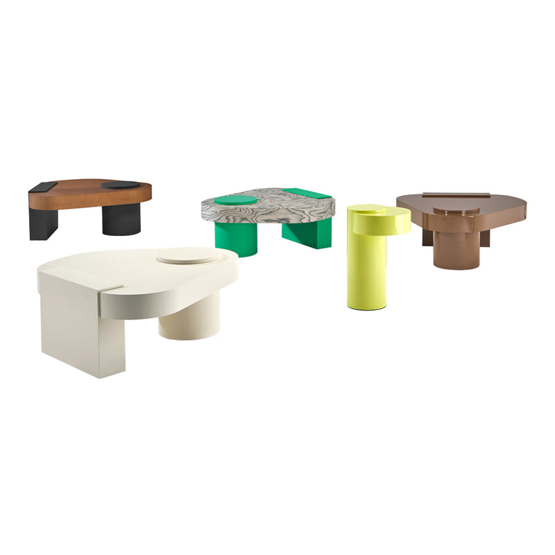 Colorful geometric tables in shades of green, brown, white, and gray with unique patterns and modern designs.