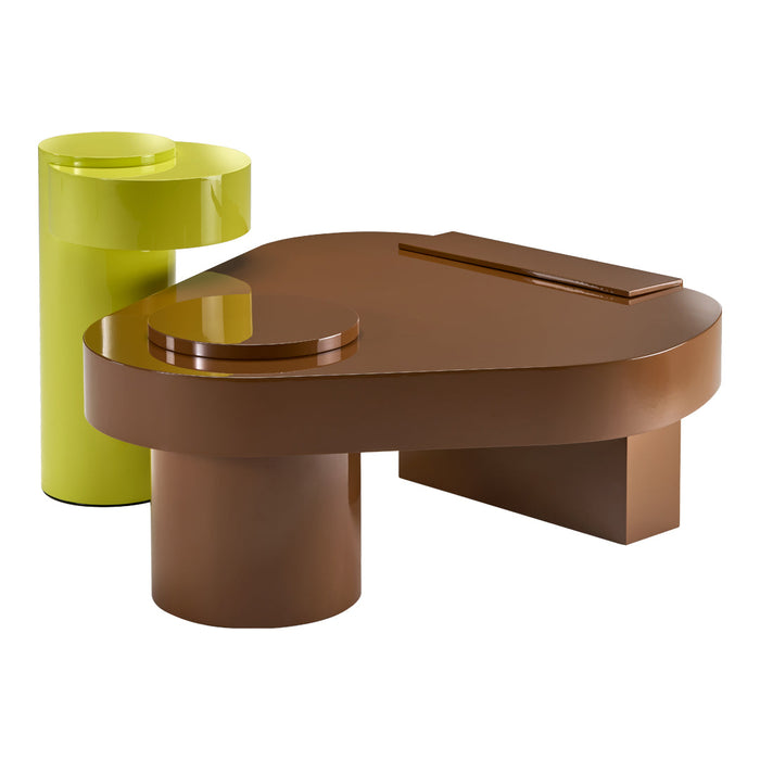 Modern coffee table in a rich brown finish, paired with a vibrant lime green cylindrical accent piece.