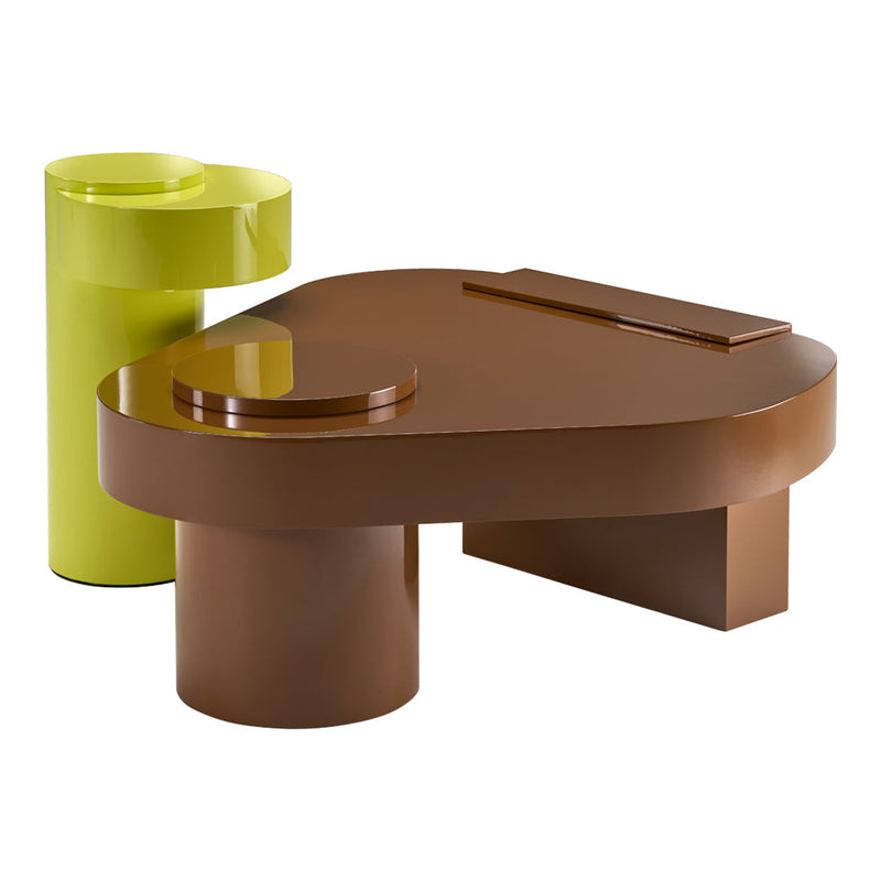 Modern furniture set featuring glossy brown and vibrant green colors with sleek, contemporary shapes.