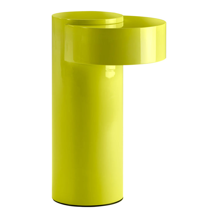Bright yellow cylindrical vase with a sleek glossy finish and a modern cut-out design. Perfect for contemporary decor.