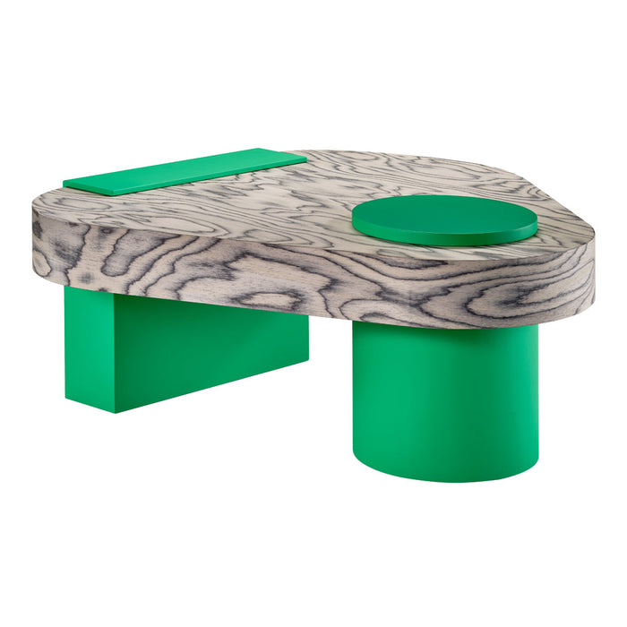 Abstract coffee table featuring gray wood grain pattern with bold green geometric accents. Modern design for stylish decor.