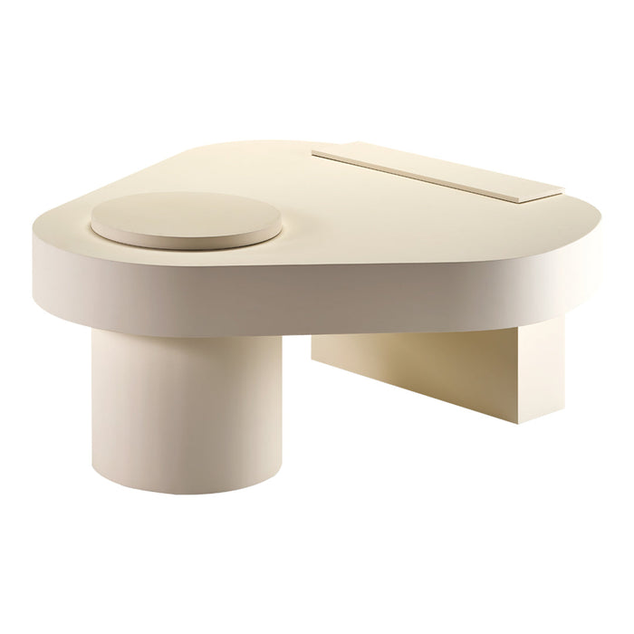 Modern cream-colored geometric table with smooth, minimalist design and subtle matte finish. Perfect for contemporary decor.