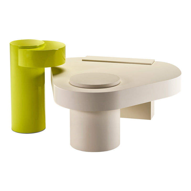 Modern desk in white and vibrant lime green with smooth, curved shapes and minimalist design. Ideal for contemporary spaces.