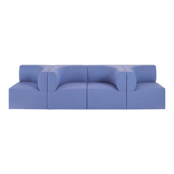 Modern blue sofa with rounded shapes and minimalist design, featuring a smooth texture and monochromatic pattern.