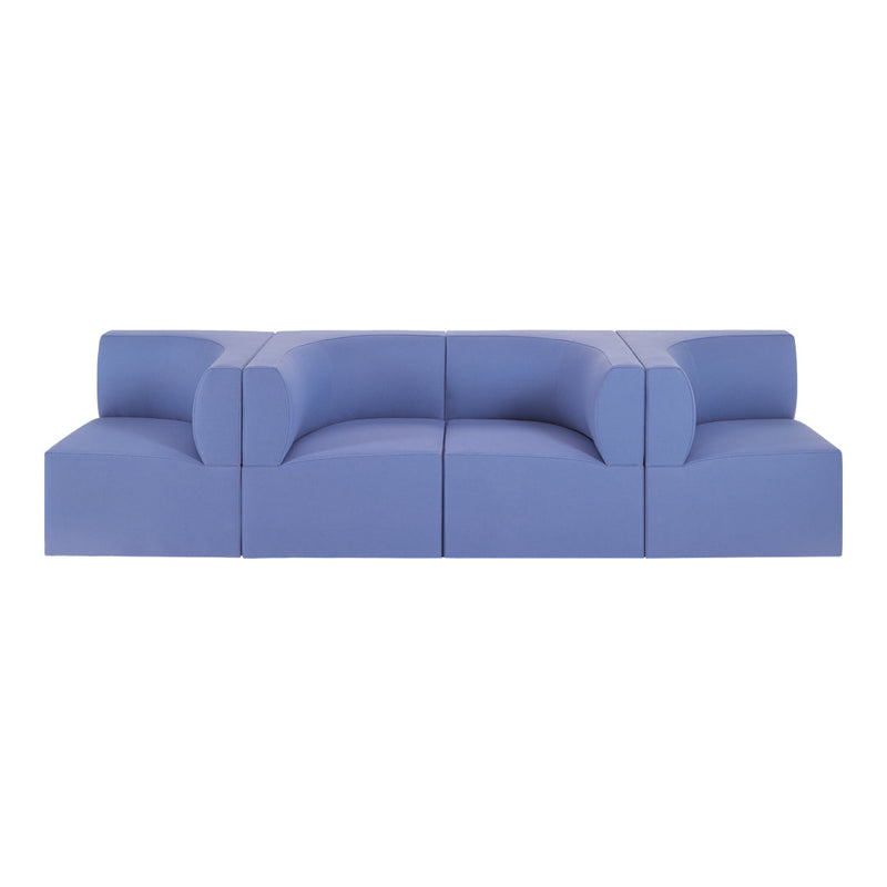 Modern blue sofa with rounded shapes and minimalist design, featuring a smooth texture and monochromatic pattern.