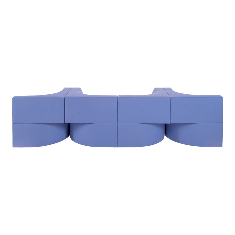 Stylish blue modular sofa with smooth curves and clean lines, perfect for modern living spaces.