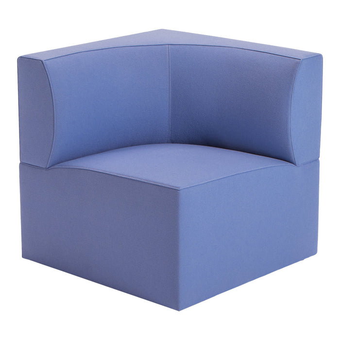 Corner chair in soft blue fabric with smooth, minimalist design and no visible patterns. Perfect for modern decor.