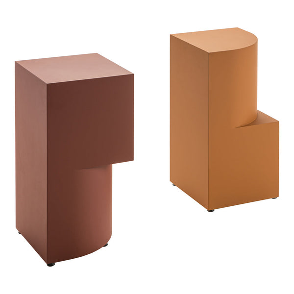 Set of two modern accent tables in warm terracotta and burnt orange hues, featuring sleek geometric shapes.