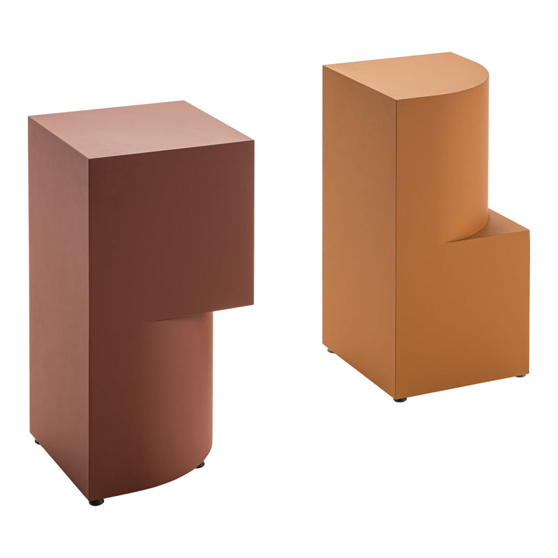 Set of two modern accent tables in warm terracotta and burnt orange hues, featuring sleek geometric shapes.