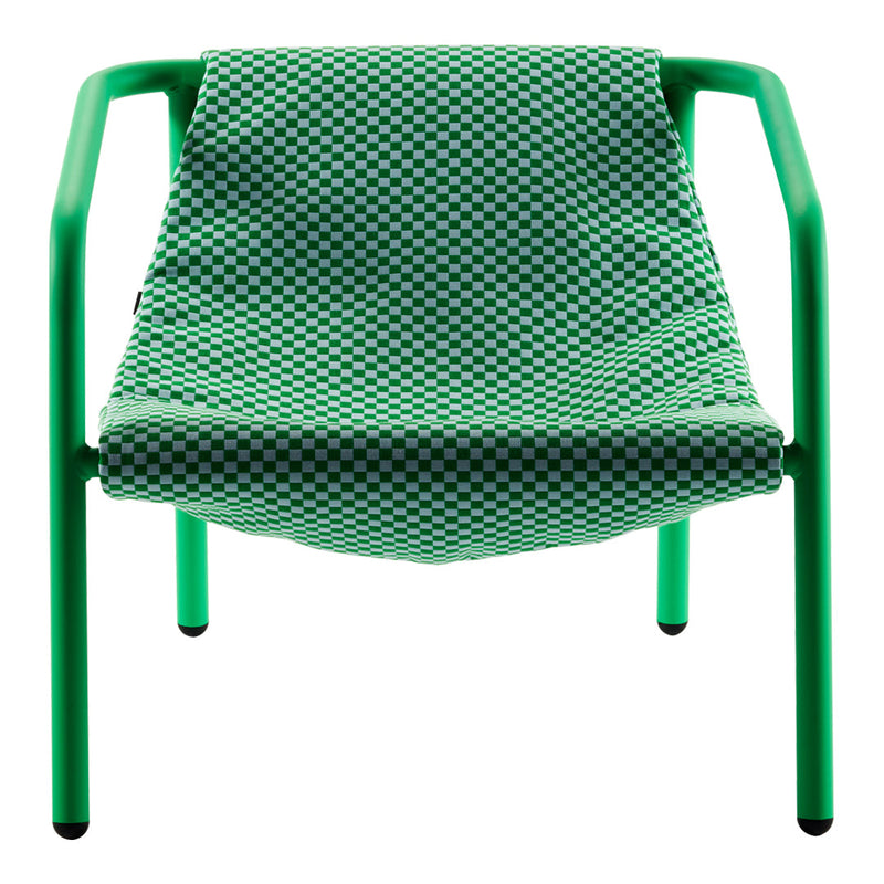 Green checkered chair with a vibrant green frame, showcasing a bold modern pattern for stylish decor.