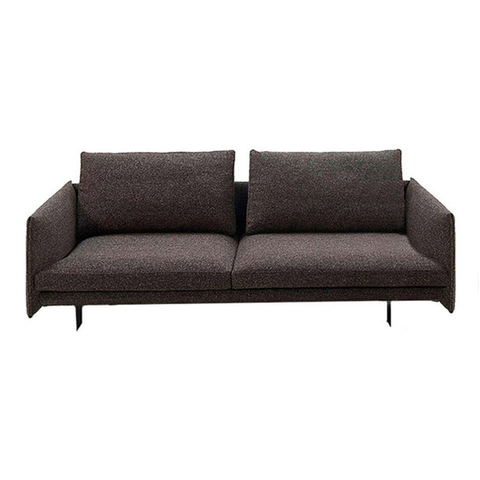 Modern two-seater sofa in dark gray fabric with a subtle textured pattern and sleek black metal legs.
