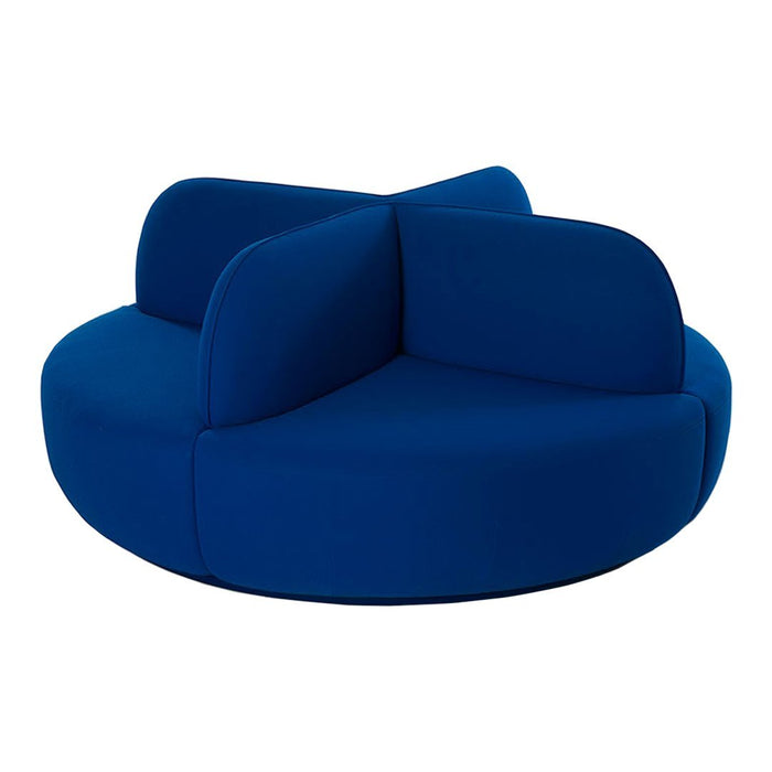 Round sofa in vibrant blue fabric with smooth, contemporary design and minimalistic structure. Perfect for modern decor.