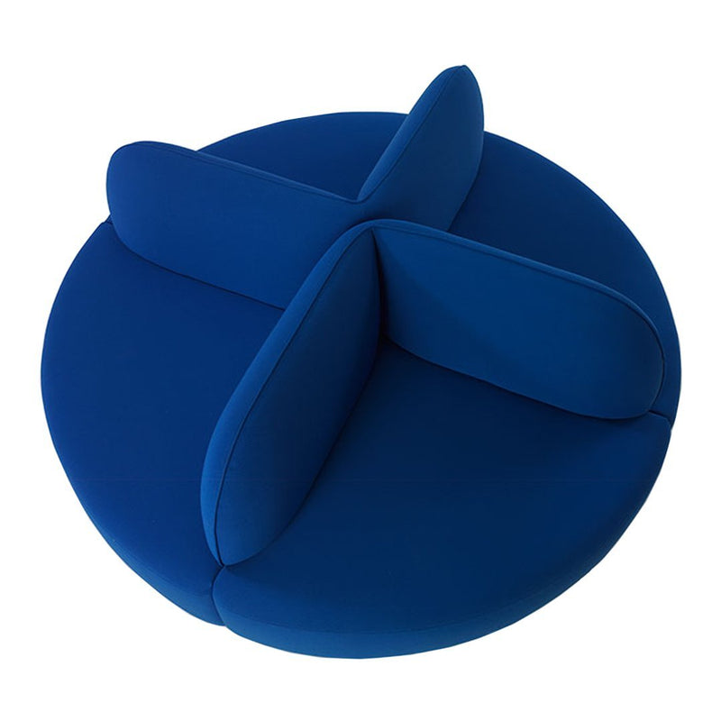 Round blue seating cushion with a smooth, solid surface and three curved backrest sections. Perfect for modern decor.