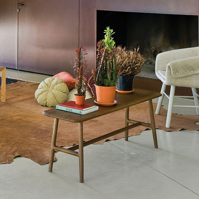 Modern wooden table featuring a dark brown finish, complemented by vibrant plants and earthy tones from the decor.