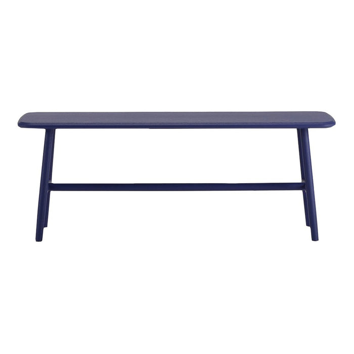 Navy blue bench with a sleek, minimalist design, featuring solid wood construction and smooth surface.