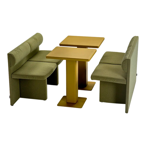 Green upholstered seating with a smooth gold table, featuring minimalist design and soft, modern patterns.