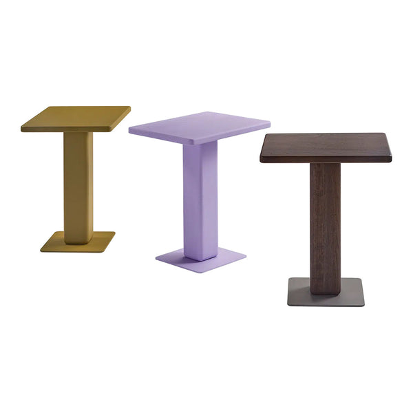 Set of three modern accent tables in gold, lavender, and dark brown with sleek, minimalist designs.