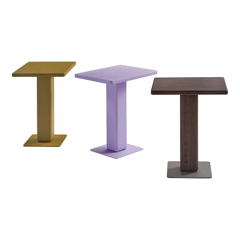 Set of three modern accent tables in gold, lavender, and dark brown with sleek, minimalist designs.
