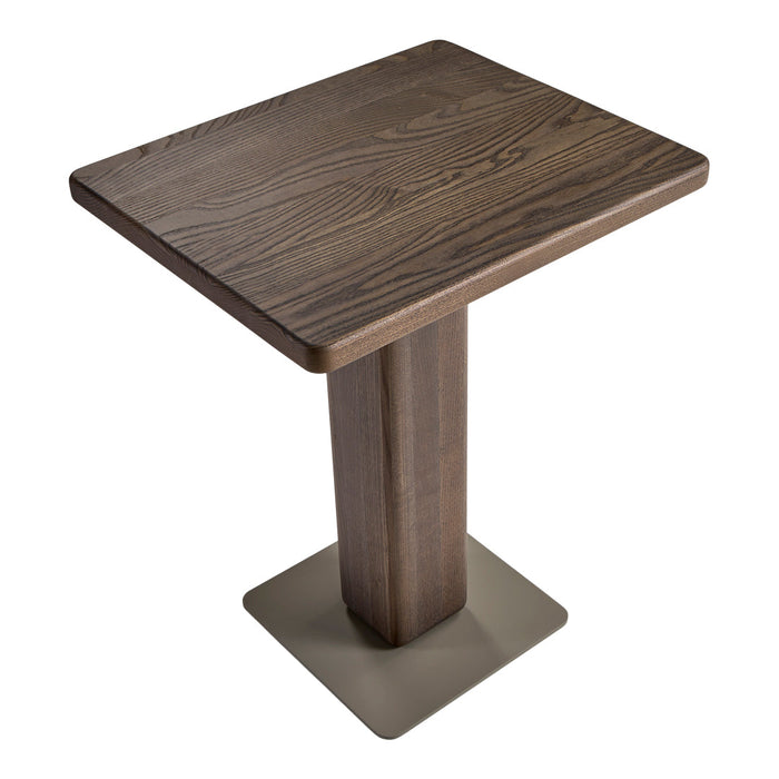 Square wooden table with a rich, dark brown wood grain finish and a sleek, matte gray base.
