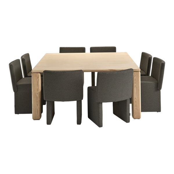 Light wooden dining table with six textured, dark gray patterned chairs. Modern design for contemporary spaces.