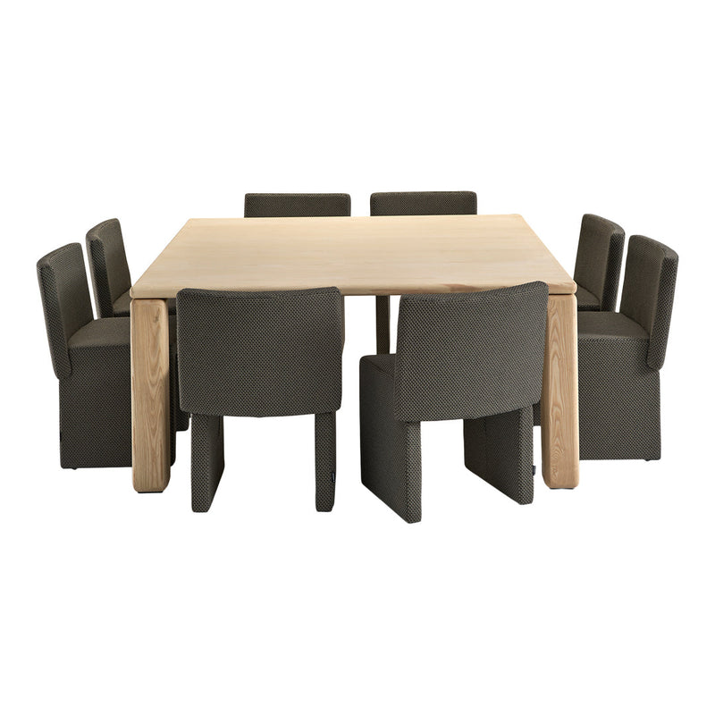 Light wooden dining table with six textured, dark gray patterned chairs. Modern design for contemporary spaces.