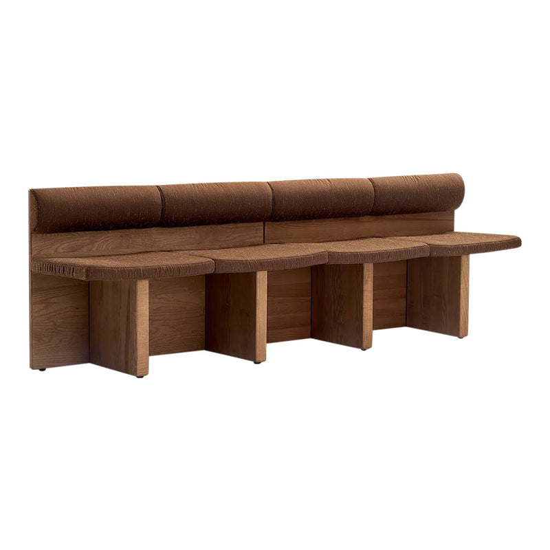 Brown wooden bench with a textured, upholstered seat in warm tones, featuring sleek, minimalist design.