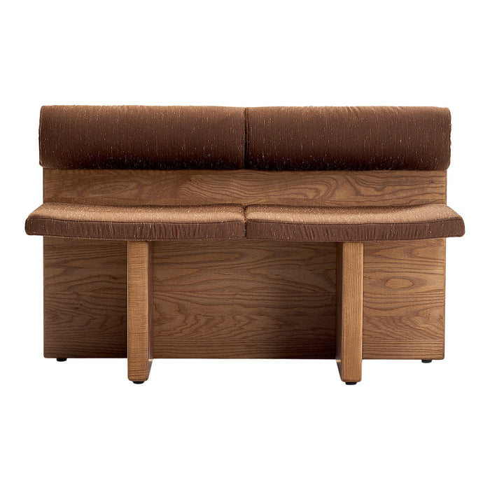 Brown upholstered sofa with a textured pattern and wooden legs, featuring subtle hints of gold threading throughout.