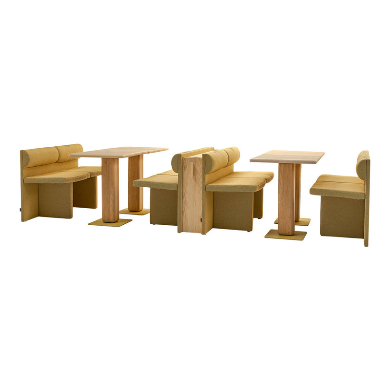 Modern dining set featuring warm yellow upholstery and light wooden accents, perfect for stylish interiors.