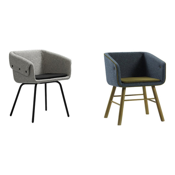 Gray and blue upholstered chairs with contrasting black and natural wood legs, perfect for modern décor.