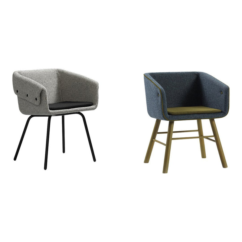 Gray and blue upholstered chairs with contrasting black and natural wood legs, perfect for modern décor.