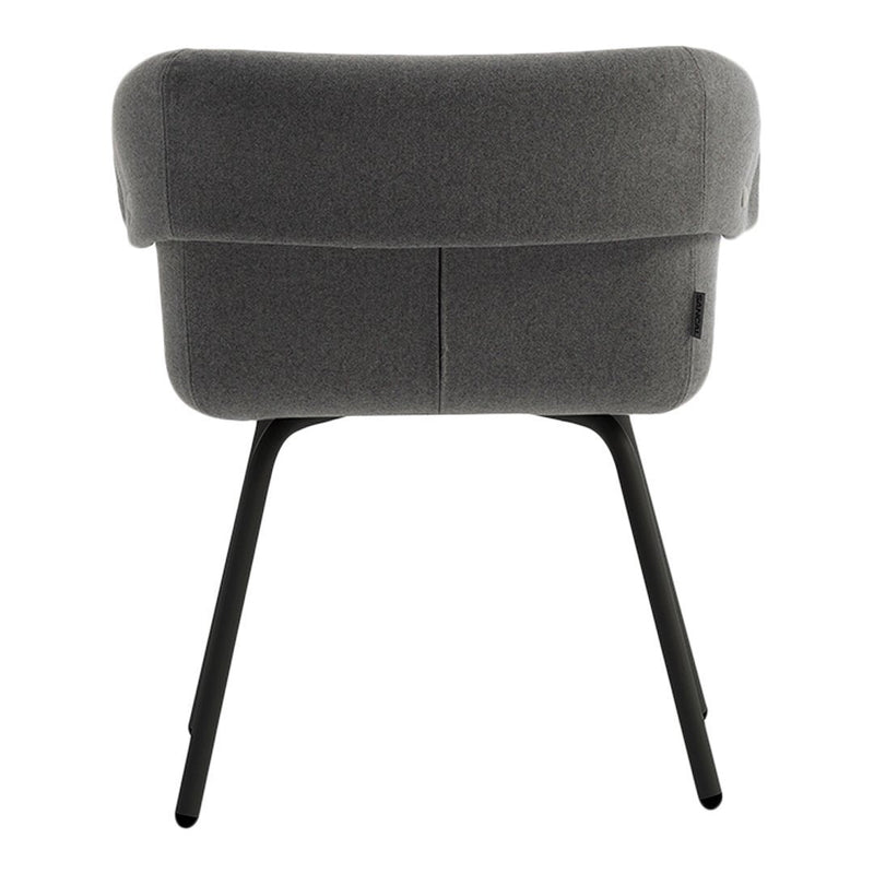 Gray upholstered chair with a smooth texture and a sleek black metal frame. Minimalist design, perfect for modern interiors.