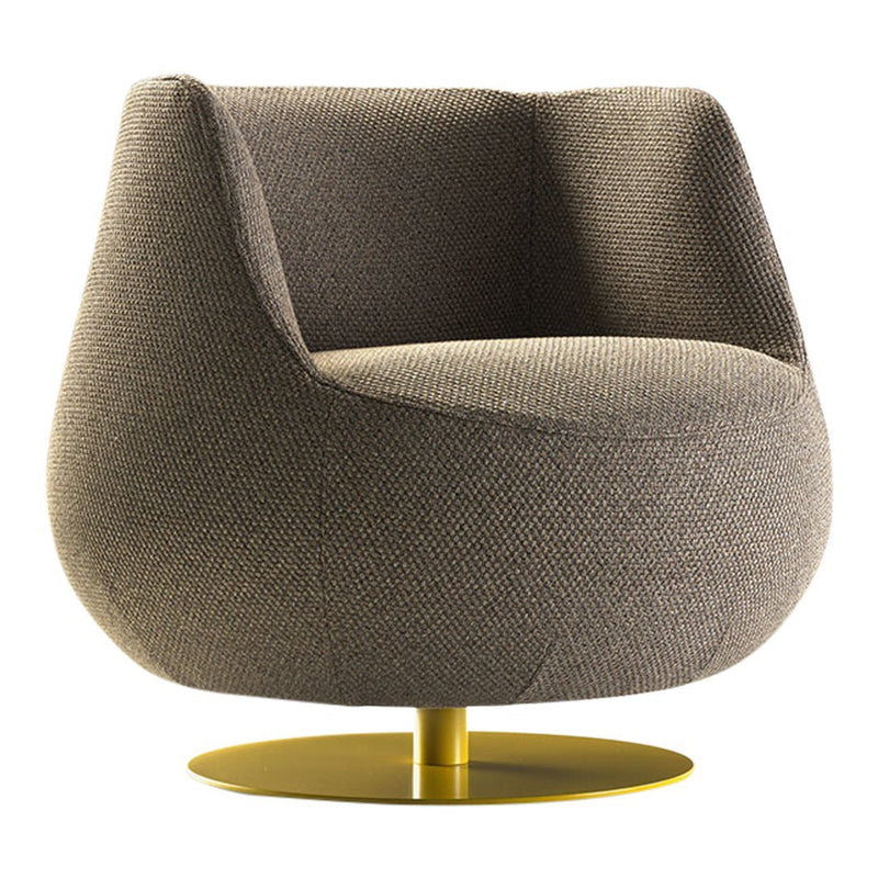 Stylish gray textured armchair with a smooth mustard yellow base, perfect for contemporary decor.