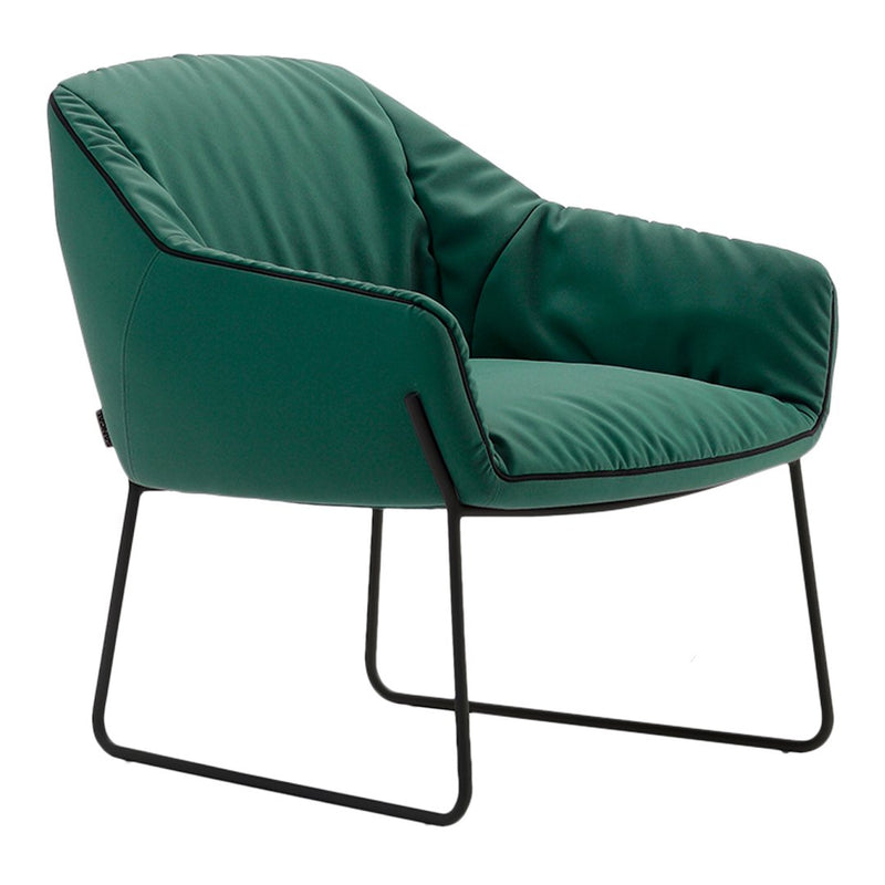 Green upholstered armchair with a sleek black metal frame and smooth, contemporary design. Perfect for modern decor.