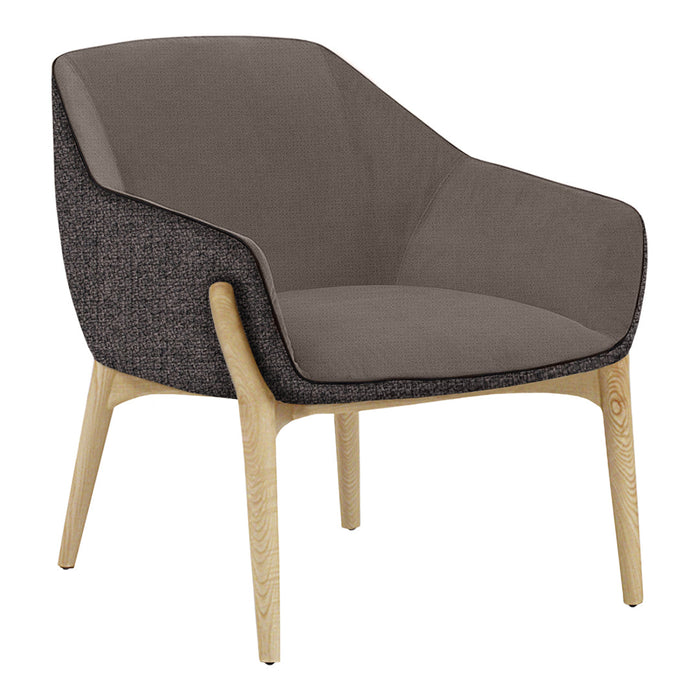 Stylish accent chair in muted gray upholstery with a textured dark gray back and natural wood legs.