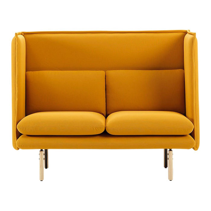 Stylish yellow upholstered two-seater sofa with simple lines and gold-tone legs, perfect for modern interiors.
