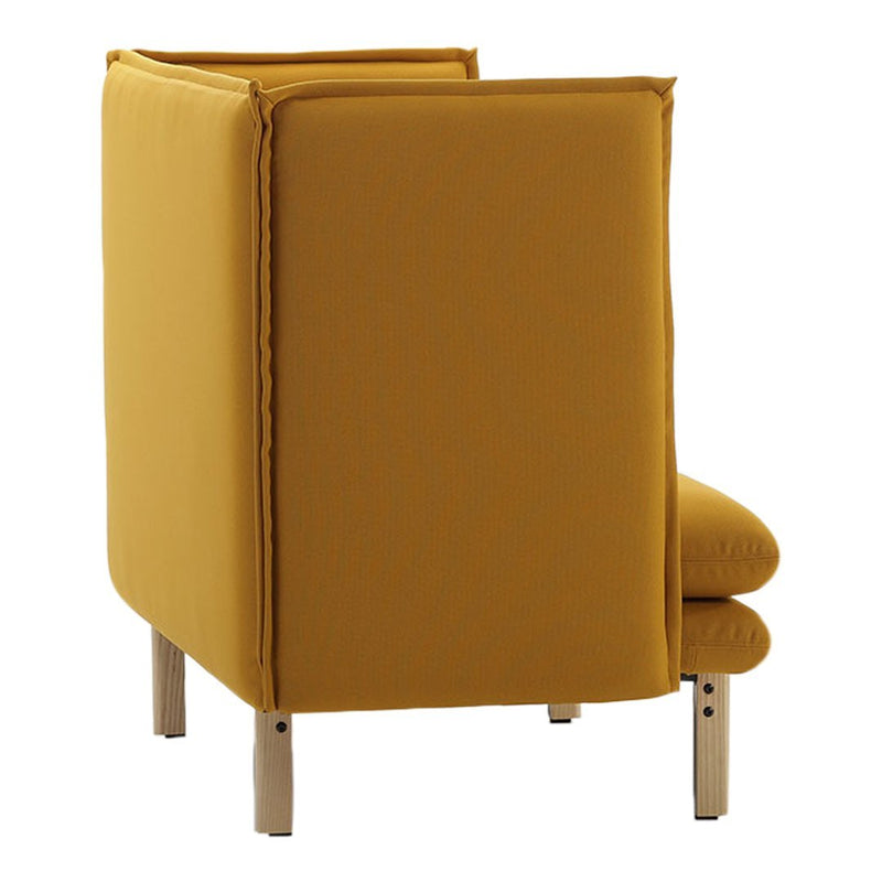 "Stylish mustard-yellow upholstered chair with a sleek, modern design and minimalist silver legs."