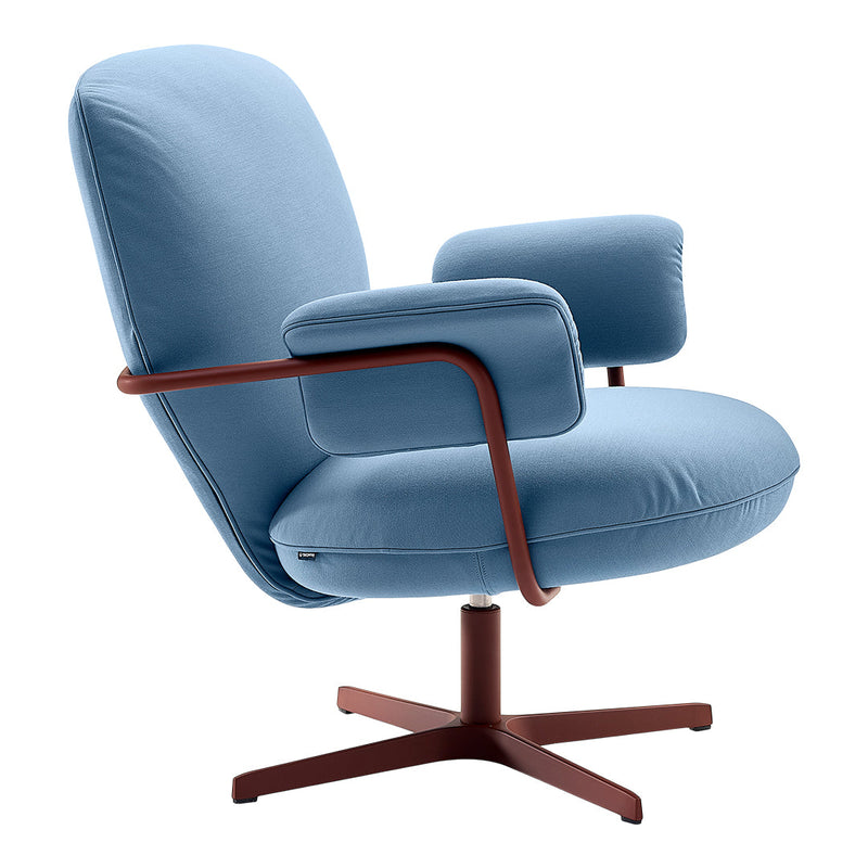 Light blue chair with soft fabric and brown metal accents, featuring a modern, minimalist design.