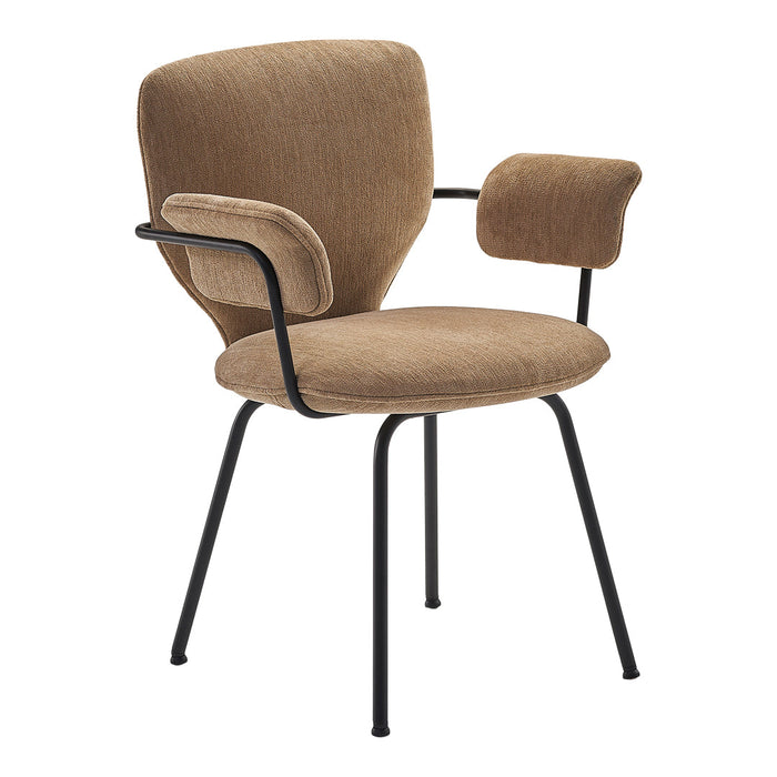Brown upholstered chair with a textured finish and sleek black metal legs. Modern design with subtle curves.