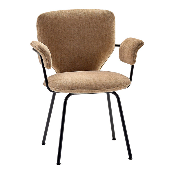 "Stylish chair in rich brown upholstery with a textured pattern and sleek black metal legs."
