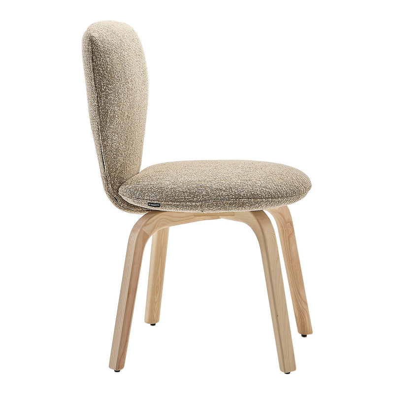 Beige textured fabric chair with light wood legs, featuring a modern design and subtle woven patterns.