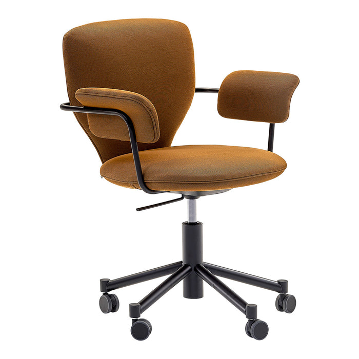 Brown upholstered office chair with black metal base and armrests, featuring subtle textures and soft curves.