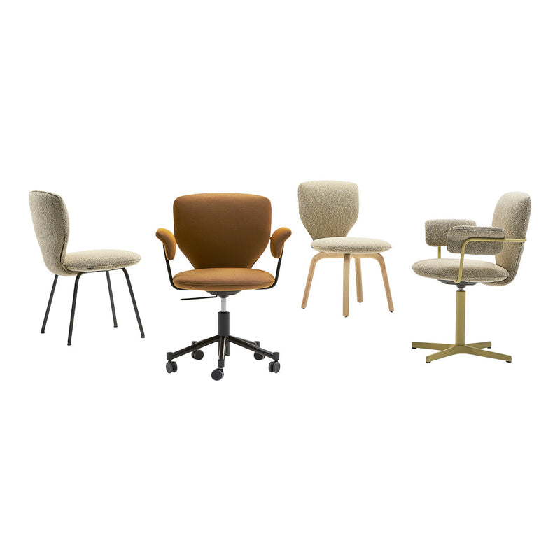 Set of four stylish chairs featuring warm browns, muted greens, and textured neutrals. Perfect for modern decor.