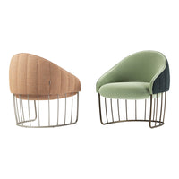 "Set of two modern armchairs in peach and green upholstery with subtle ribbed patterns and sleek metal bases."