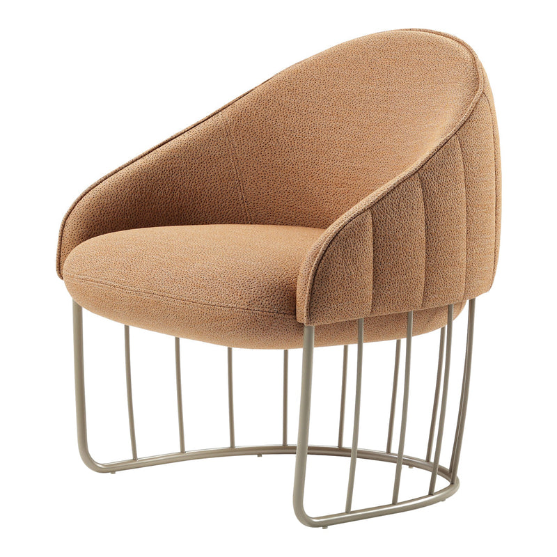 Tan upholstered chair with curved back and vertical striped pattern, featuring a sleek metal base.