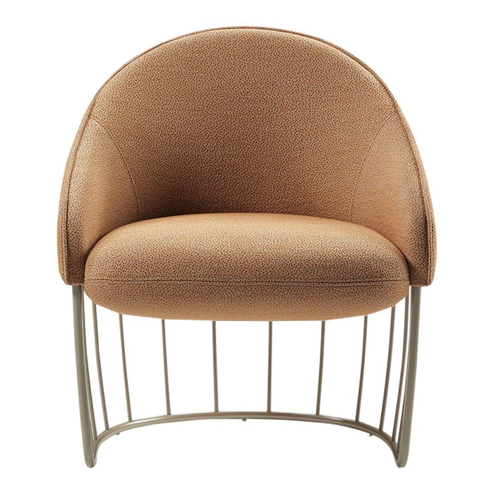 "Soft brown padded chair with curved back and sleek metal frame, featuring a minimalist and modern design."