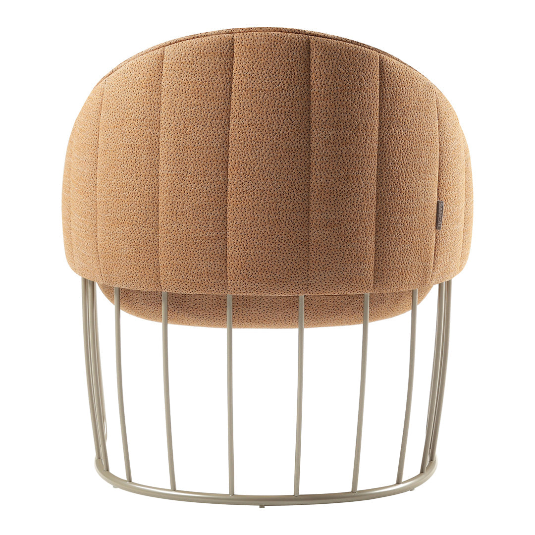 Brown upholstered chair with vertical tufted pattern and sleek metal legs. Ideal for modern home decor.