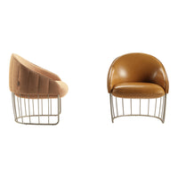 Modern accent chairs in brown and tan upholstery, featuring a sleek metal wire base with curved, textured patterns.