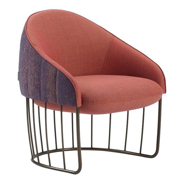 Coral and purple upholstered accent chair with modern wire frame and curved design, highlighting textured patterns.